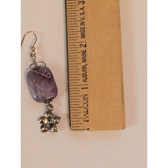 Amethyst Rectangle Bead & Silver Flower Dangle Earrings With Wire Wrap Design - Picture 5 of 5